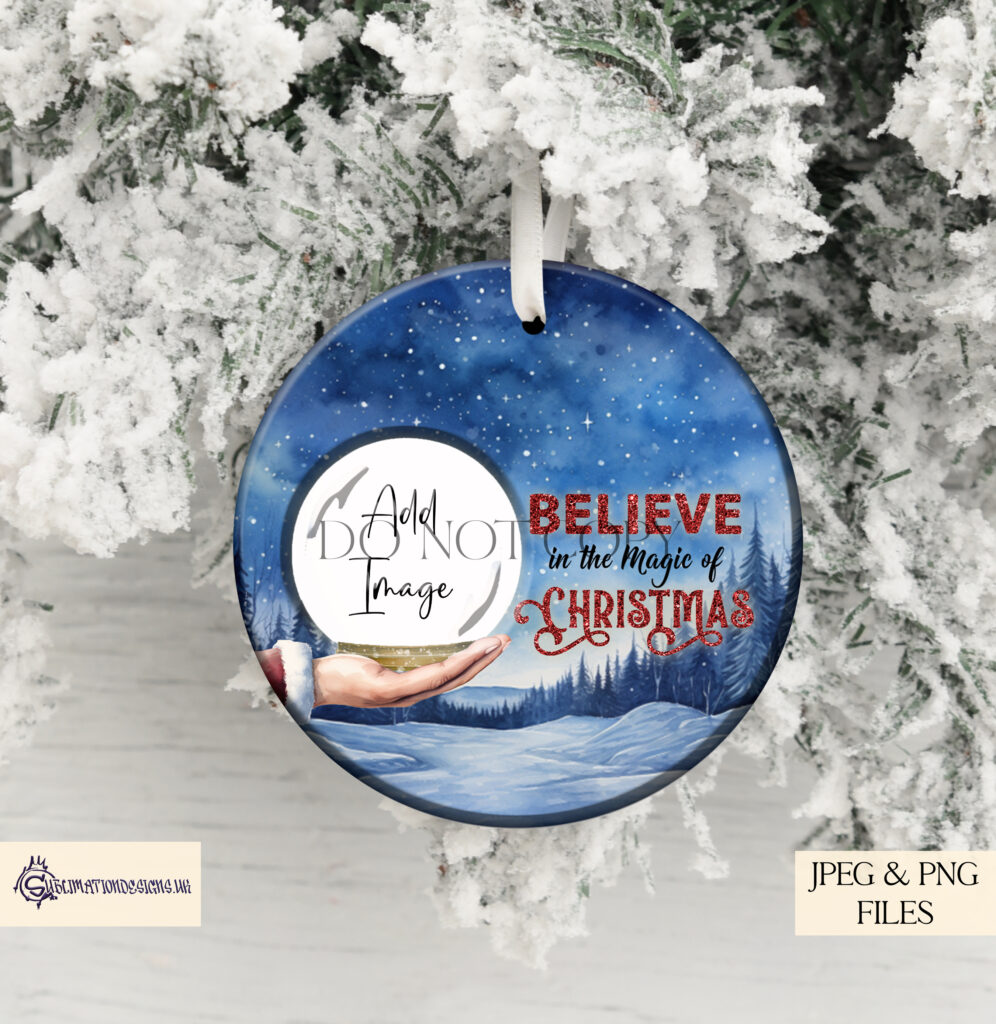 "Believe in the Magic" - Santa holding a snowglobe with customizable space for your child's photo and name.