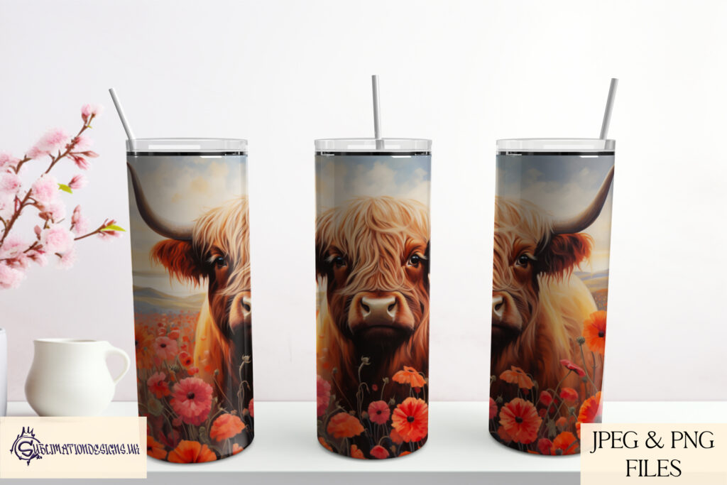 Illustration showcasing the Highland Cows in Floral Fields Sublimation Design Set.