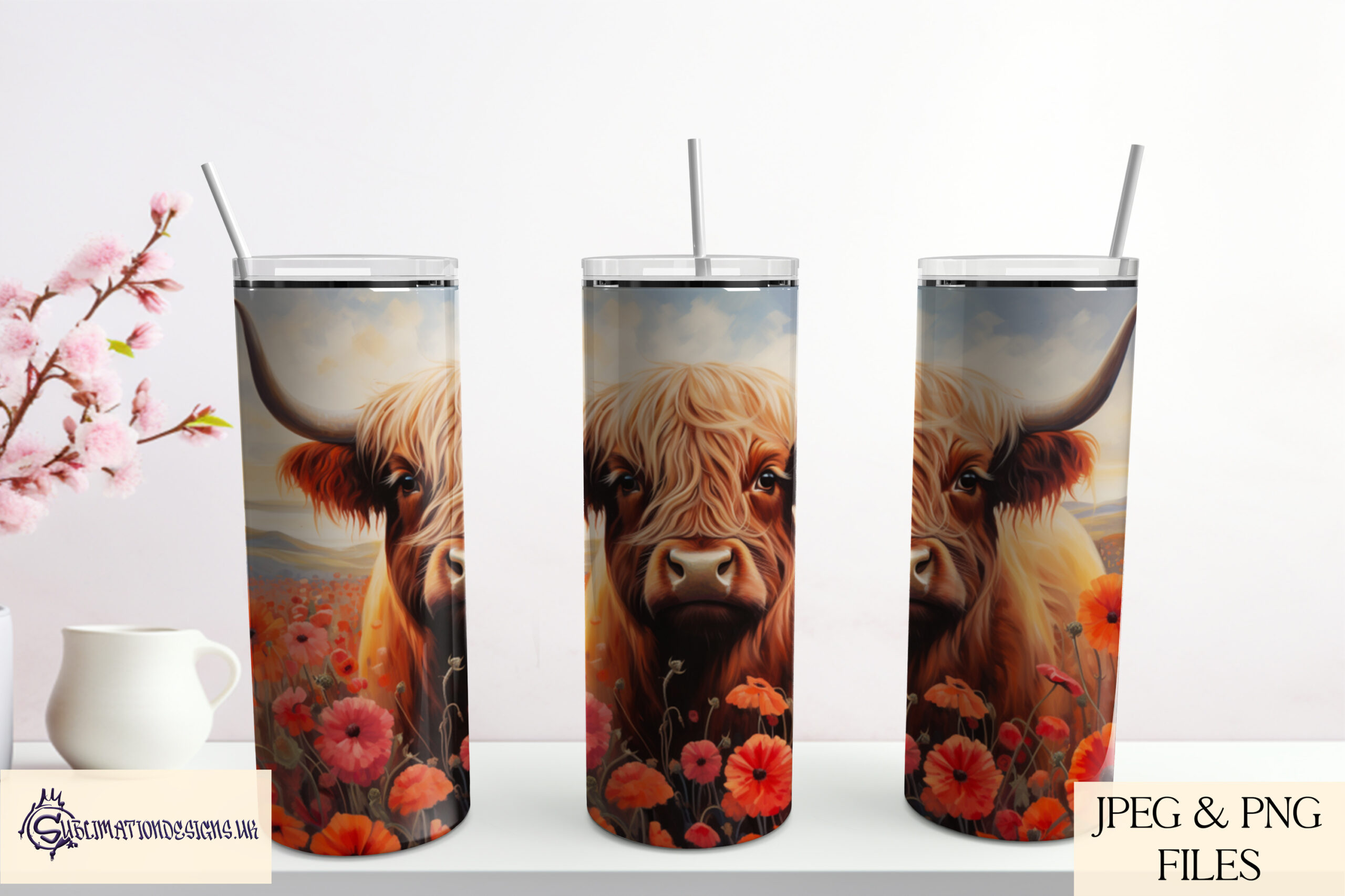 Illustration showcasing the Highland Cows in Floral Fields Sublimation Design Set.