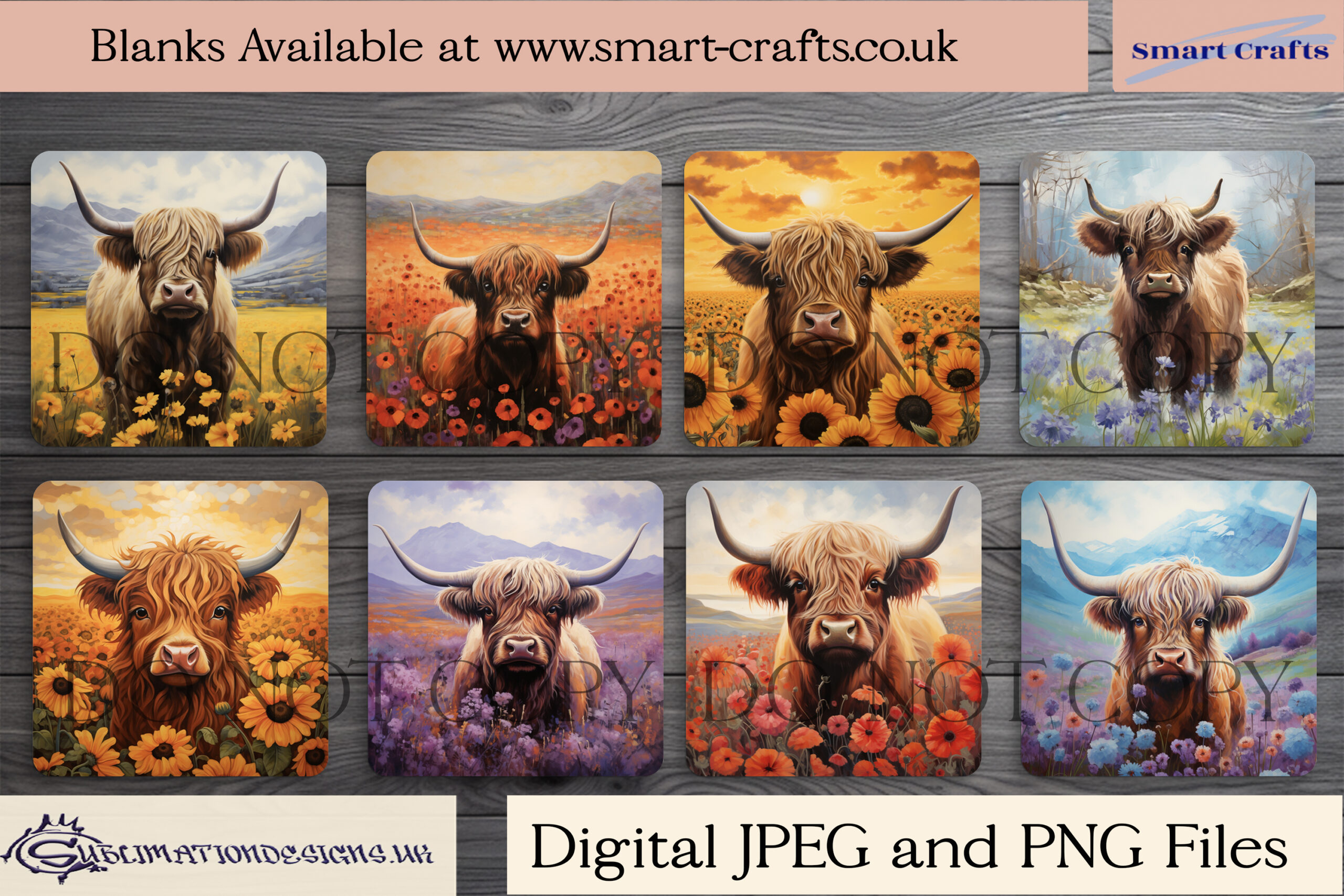 Illustration showcasing the Highland Cows in Floral Fields Sublimation Design Set.