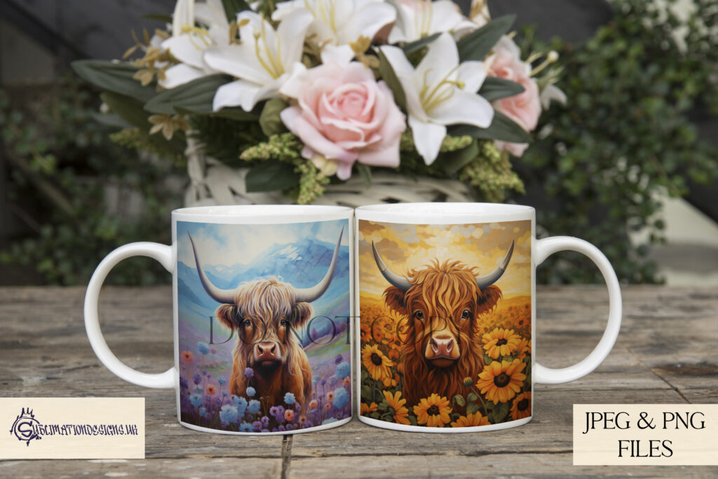 Illustration showcasing the Highland Cows in Floral Fields Sublimation Design Set.