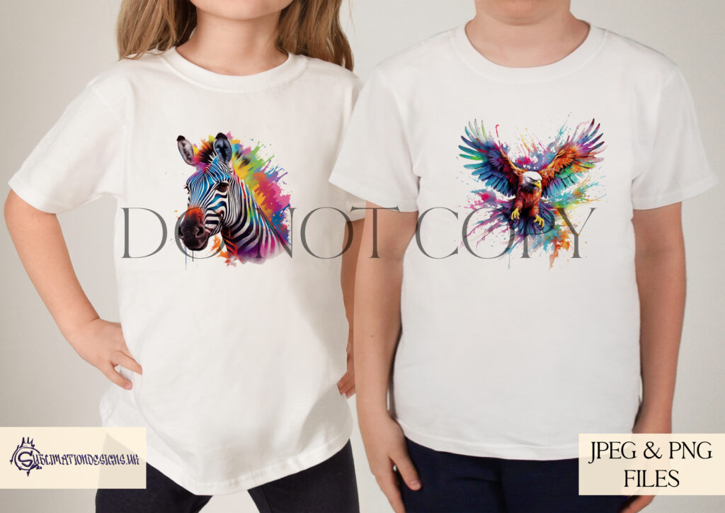 Preview of vibrant paint splash animal designs with transparent backgrounds.