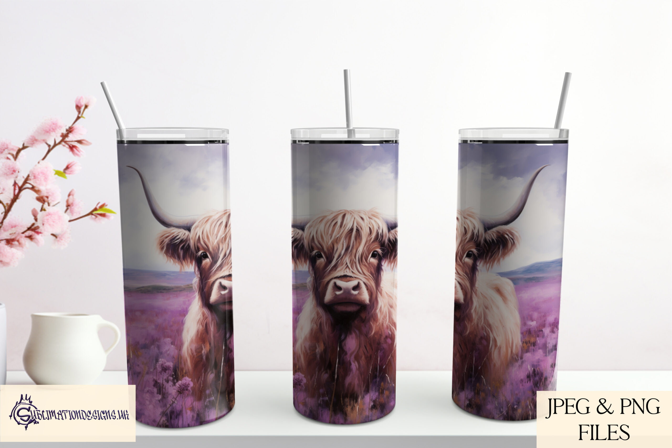 Illustration showcasing the Highland Cows in Floral Fields Sublimation Design Set.