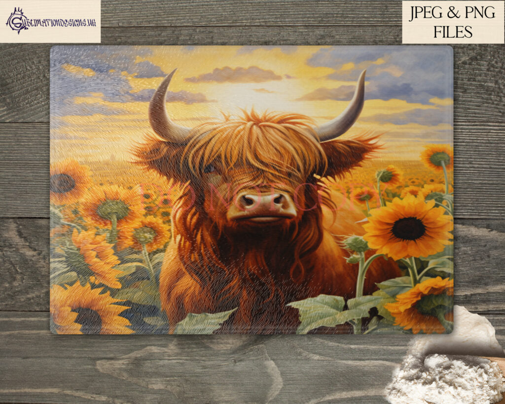 Illustration showcasing the Highland Cows in Floral Fields Sublimation Design Set.