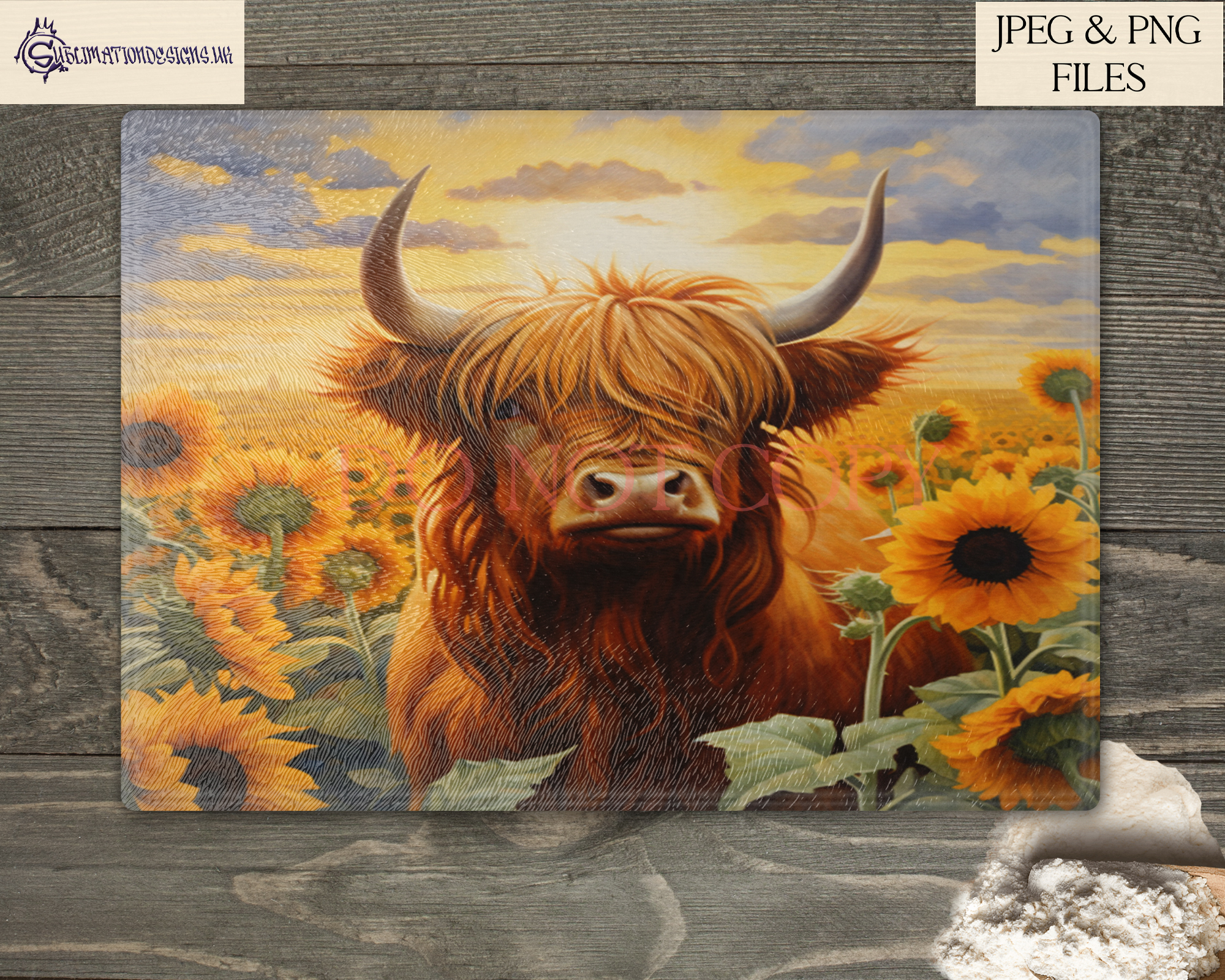 Illustration showcasing the Highland Cows in Floral Fields Sublimation Design Set.