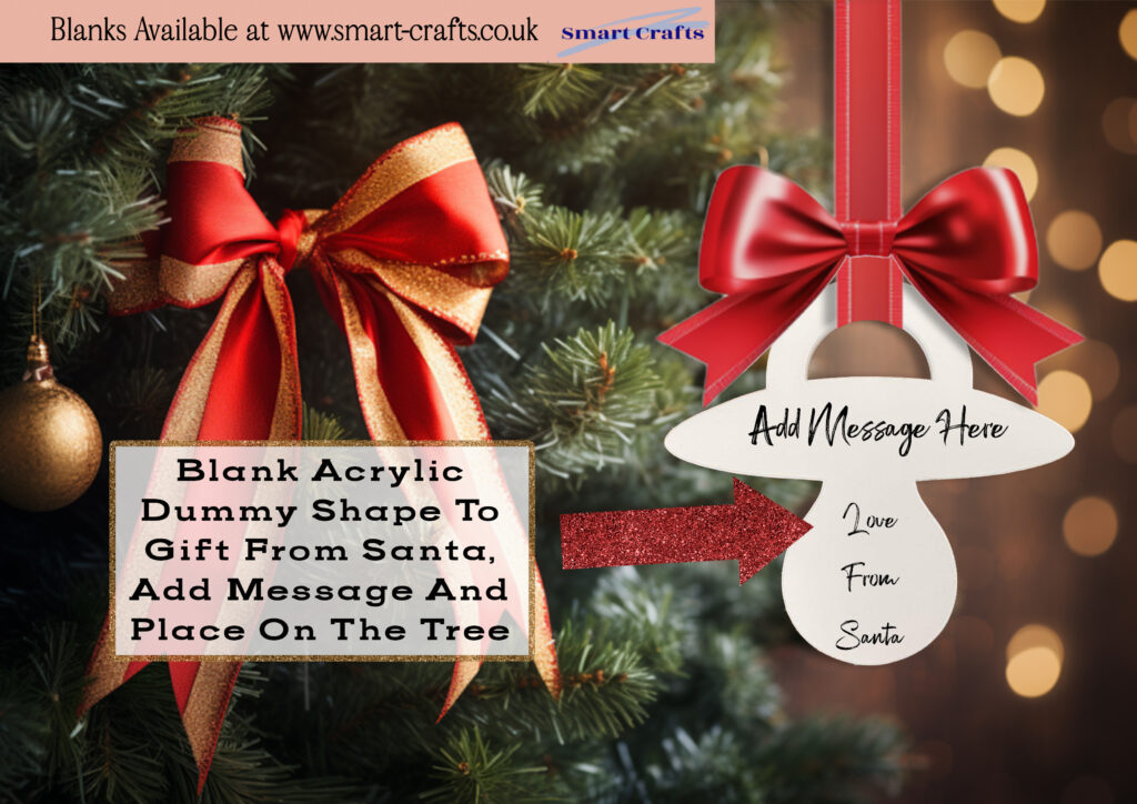 Advertisement featuring an acrylic dummy blank for personalization and hanging on the Christmas tree.