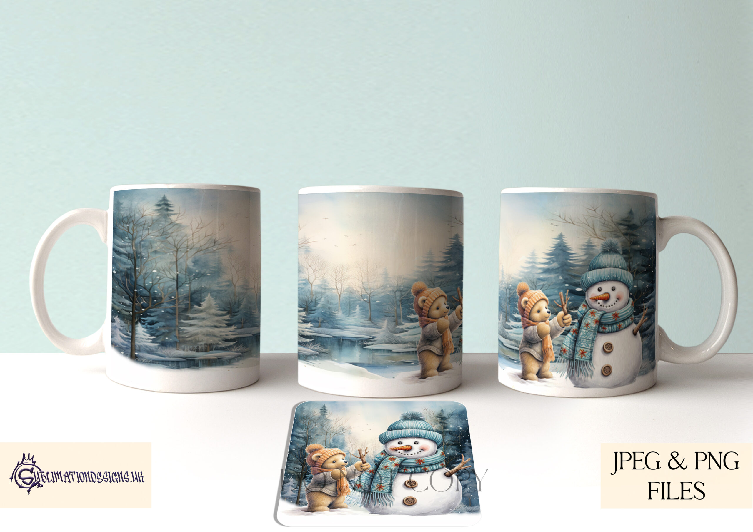 Teddy Bear Building a Snowman Design Set - Holiday Artwork