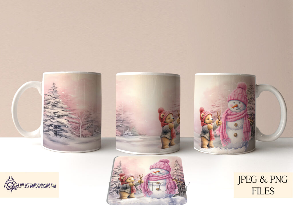 Teddy Bear Building a Snowman Design Set - Holiday Artwork