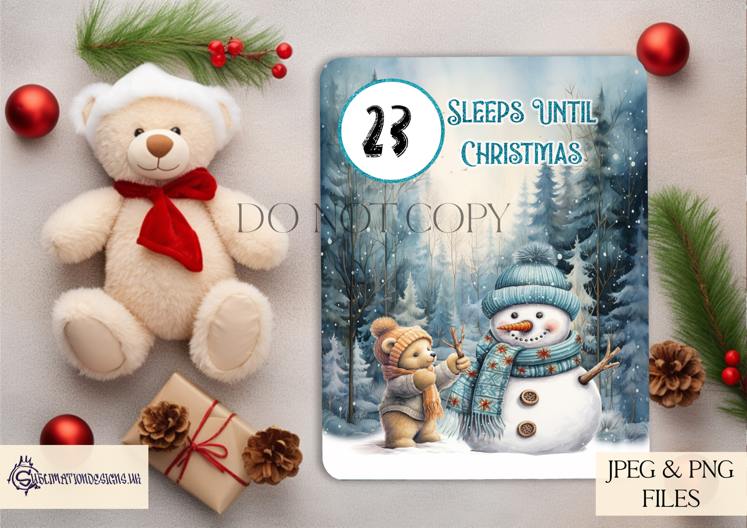 Teddy Bear Building a Snowman Design Set - Holiday Artwork