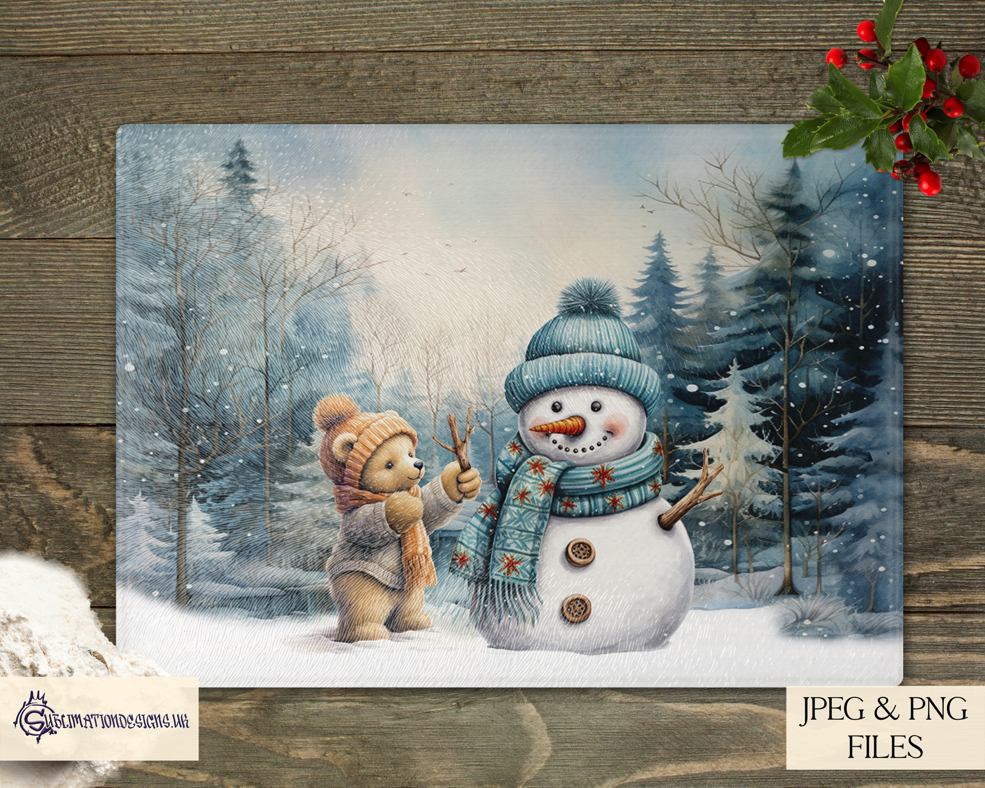 Teddy Bear Building a Snowman Design Set - Holiday Artwork