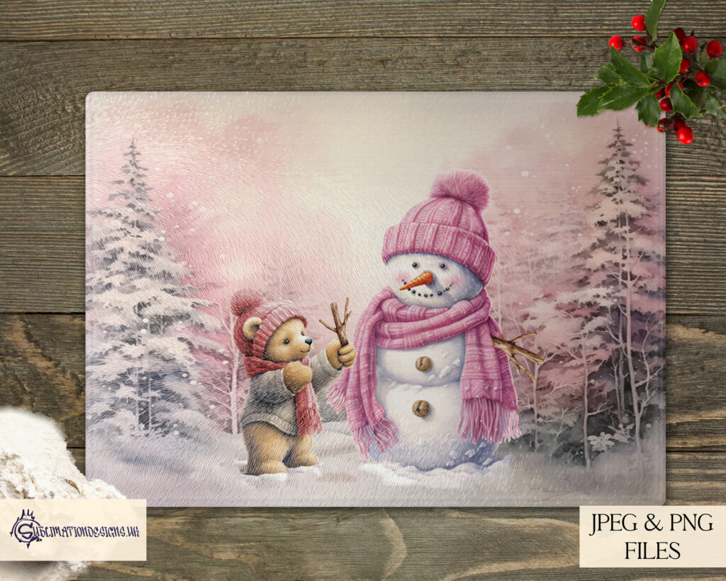 Teddy Bear Building a Snowman Design Set - Holiday Artwork