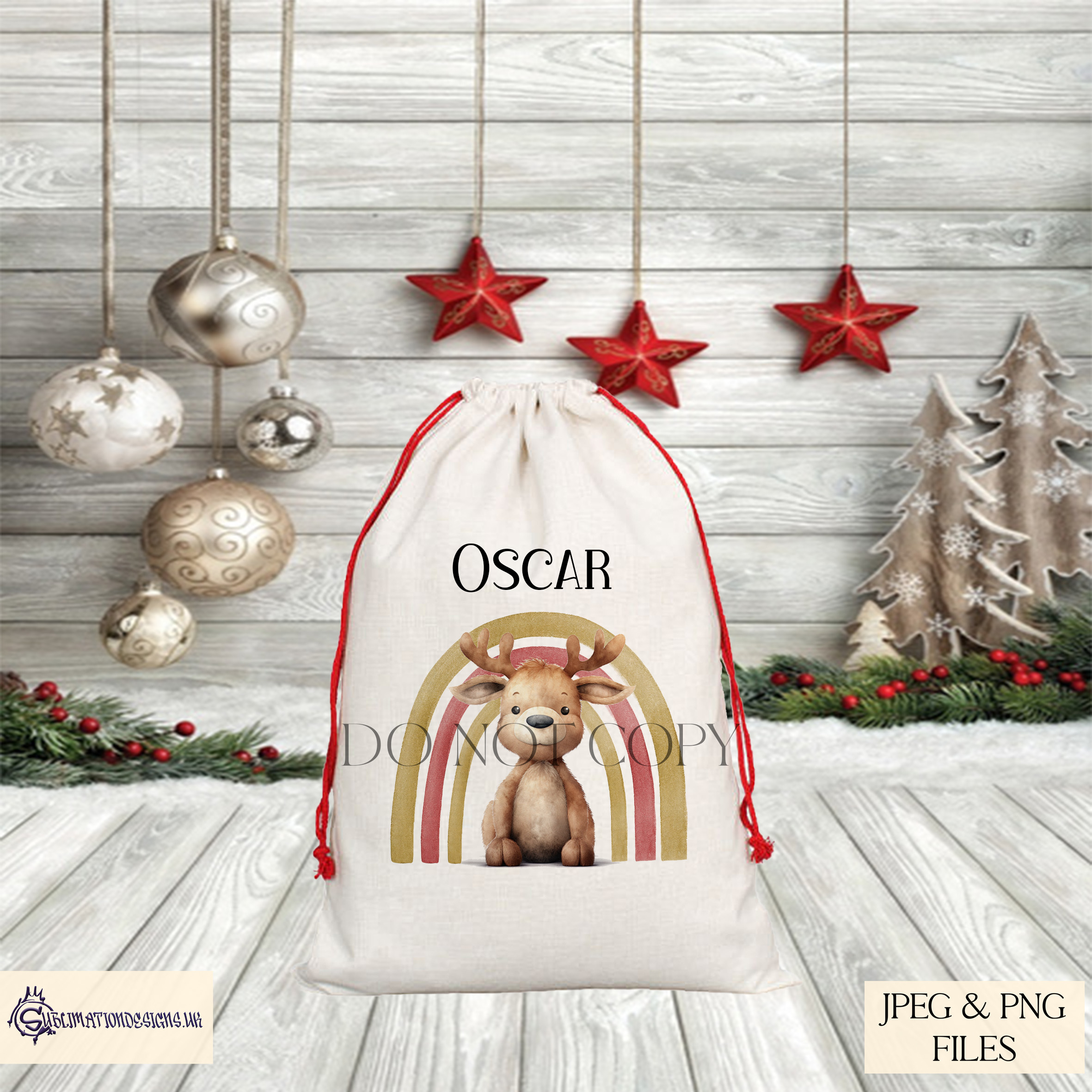 Reindeer Under a Red and Gold Rainbow Design Set - Christmas Illustration