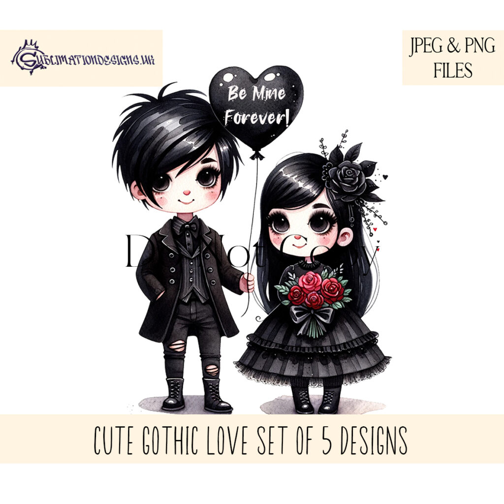 Gothic chibi couple design with 'Be mine forever' balloon