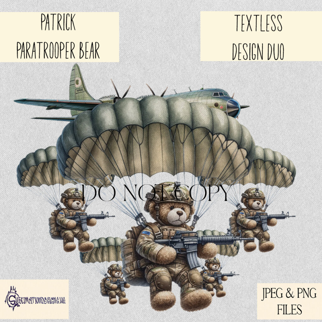 Paratrooper Patrick Bear parachuting from a plane