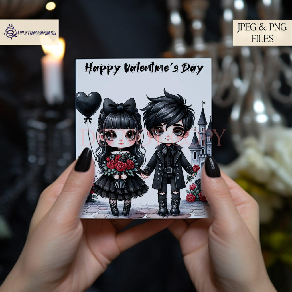 Gothic chibi couple design with 'Be mine forever' balloon