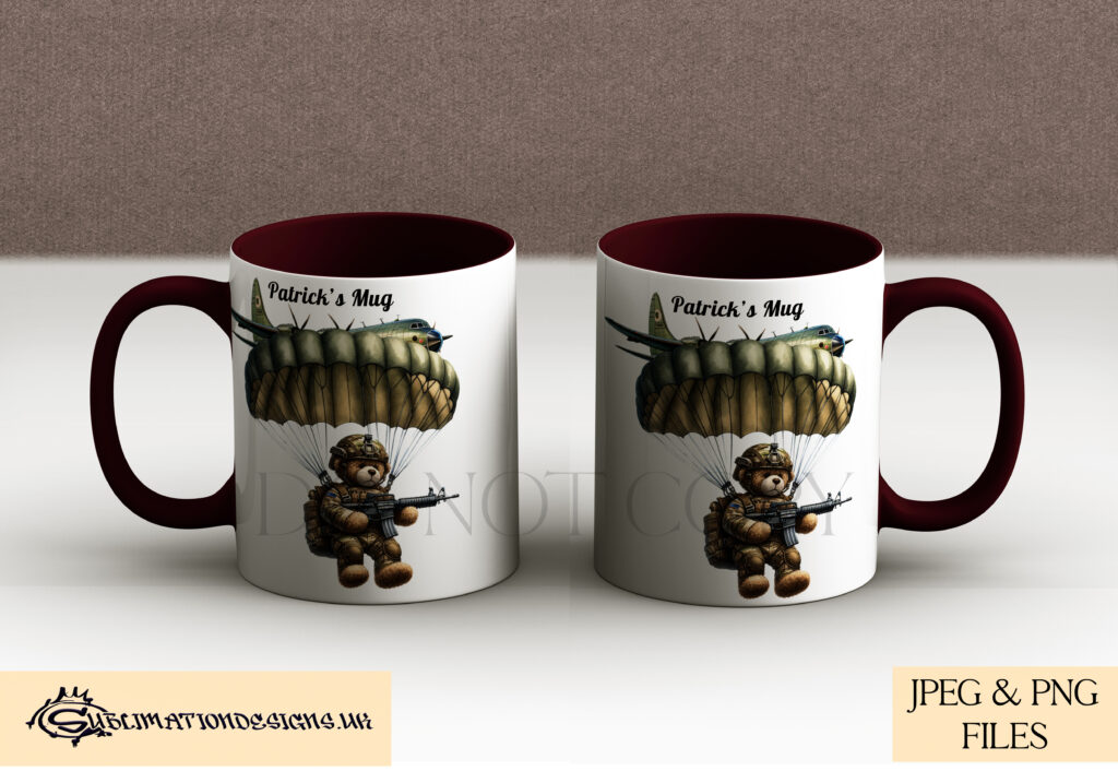 Paratrooper Patrick Bear parachuting from a plane