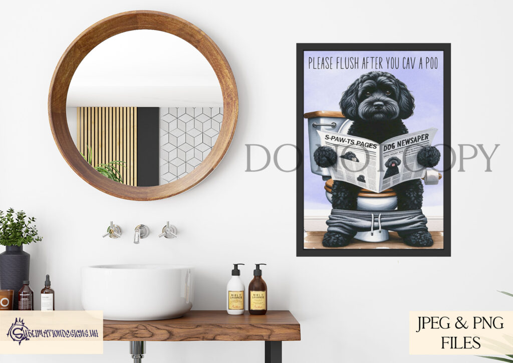 Watercolour dog reading a newspaper on a toilet