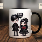 Gothic chibi couple design with 'Be mine forever' balloon