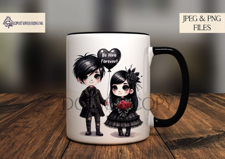 Gothic chibi couple design with 'Be mine forever' balloon