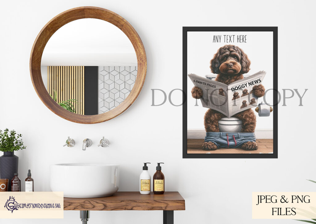 Watercolour dog reading a newspaper on a toilet