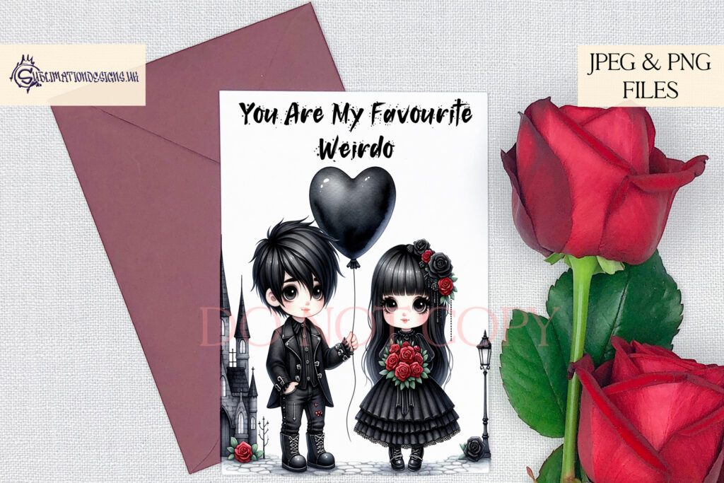 Gothic chibi couple design with 'Be mine forever' balloon