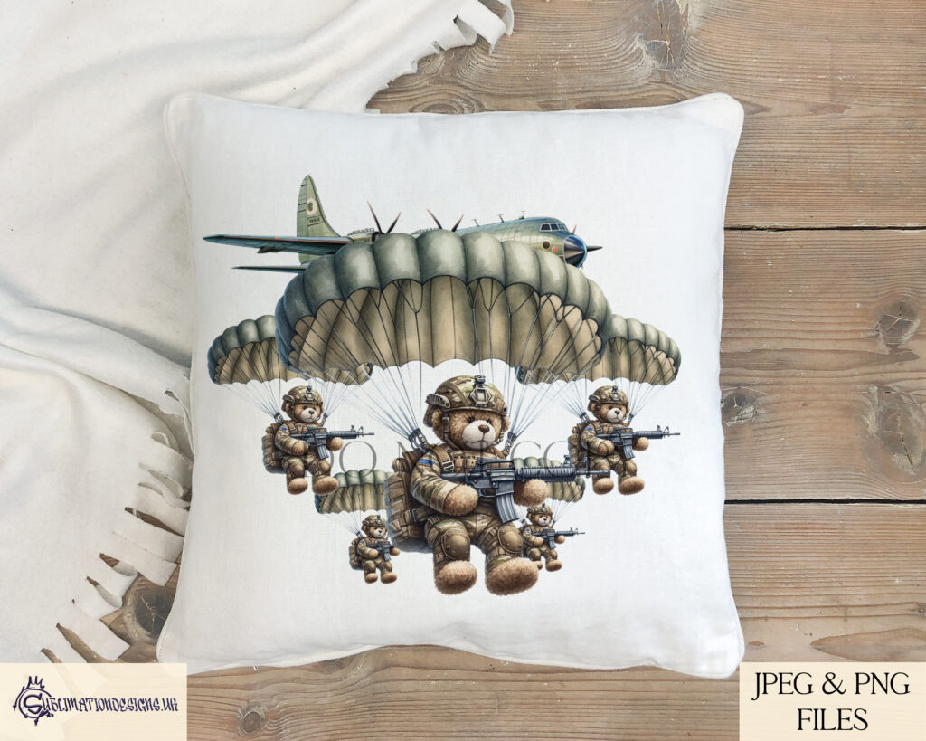 Paratrooper Patrick Bear parachuting from a plane