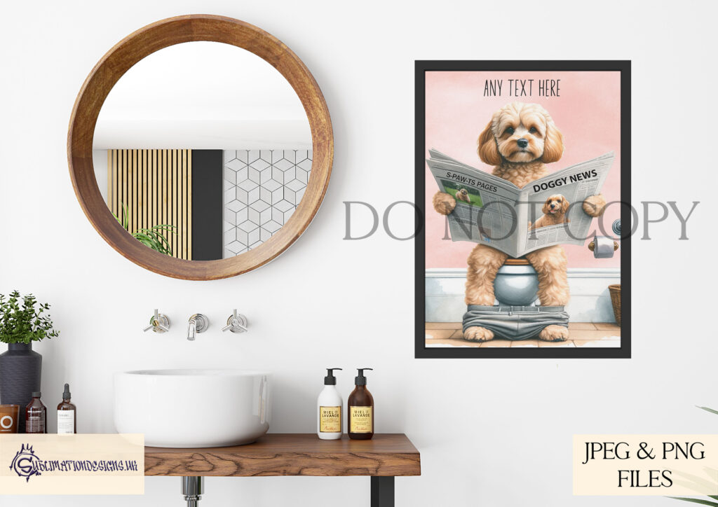 Watercolour dog reading a newspaper on a toilet