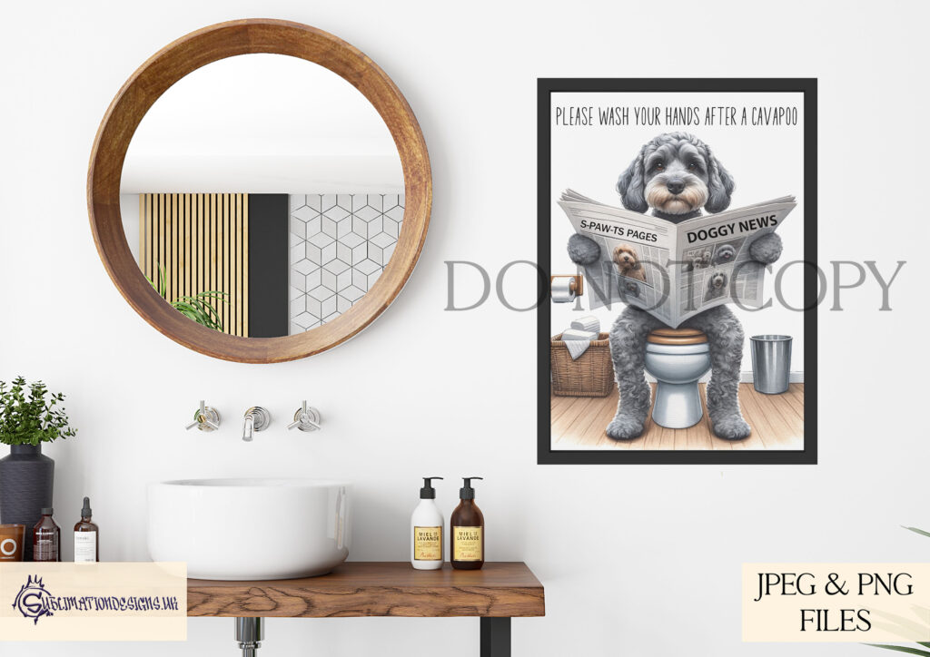 Watercolour dog reading a newspaper on a toilet