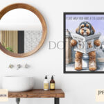 Watercolour dog reading a newspaper on a toilet