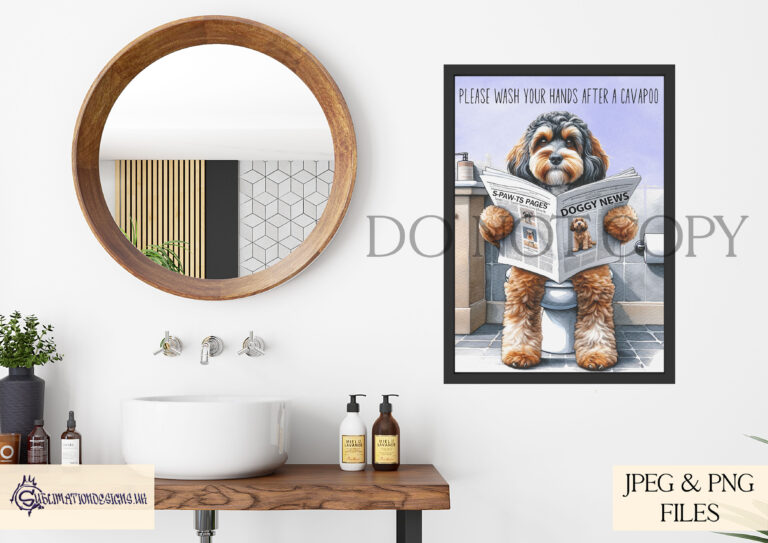 Watercolour dog reading a newspaper on a toilet