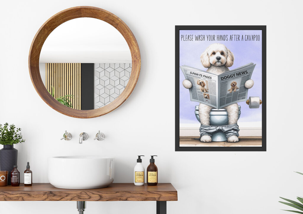 Watercolour dog reading a newspaper on a toilet