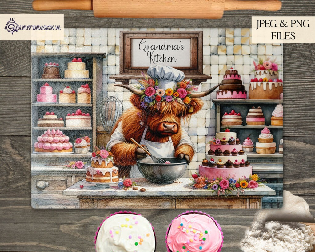 Highland Cow baking in the kitchen comedy design