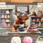 Highland Cow baking in the kitchen comedy design