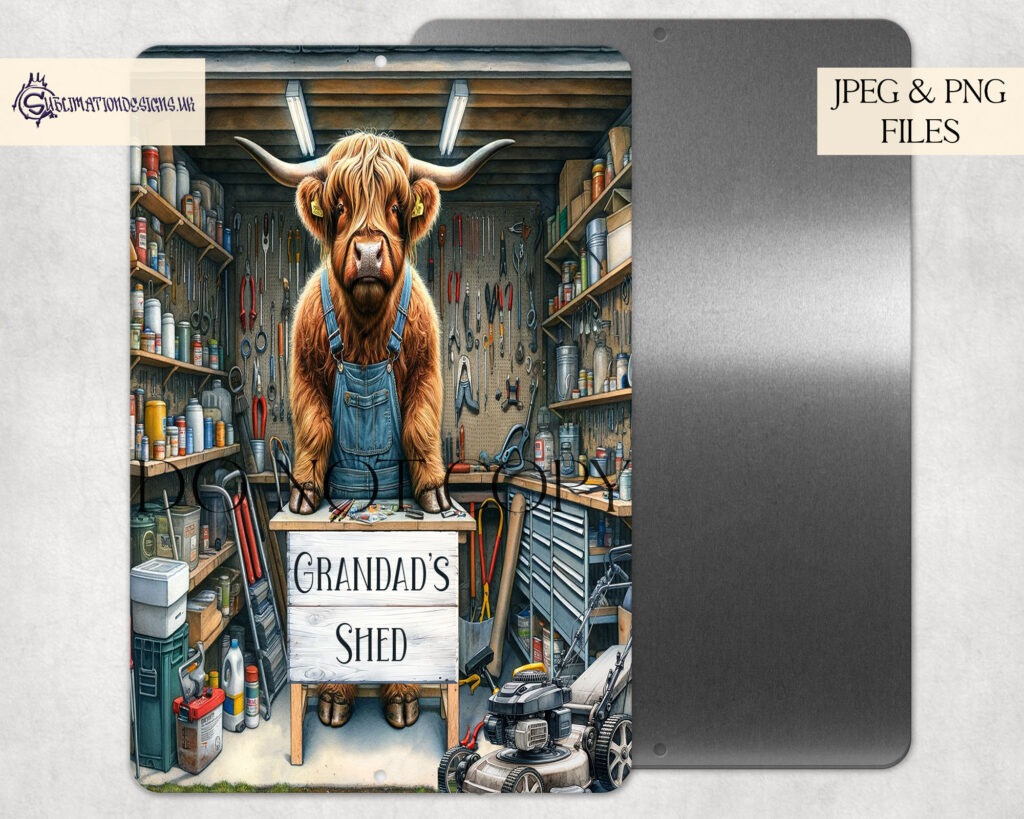 Highland cow humorously depicted in a mechanic, workshop, and gardening theme.