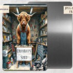 Highland cow humorously depicted in a mechanic, workshop, and gardening theme.