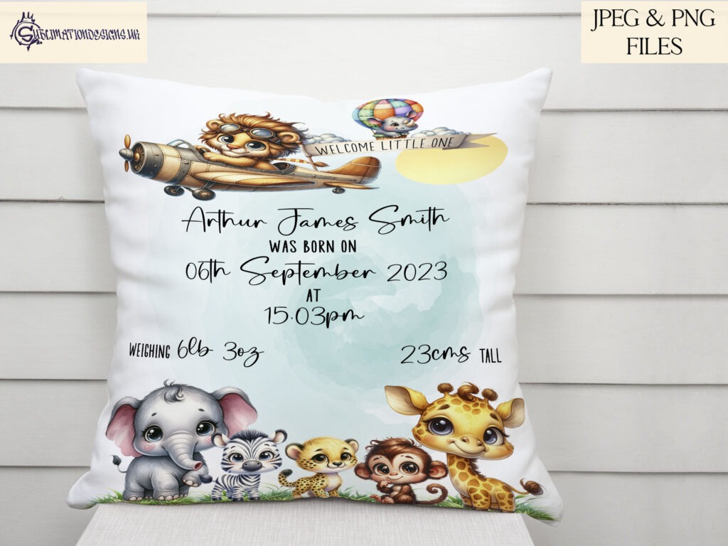 Watercolored safari animal in hot air balloon for birth announcement