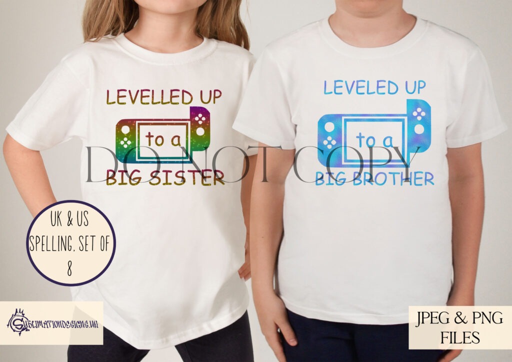 Levelled Up to Big Sister design with playful typography and celebratory motifs