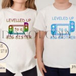 Levelled Up to Big Sister design with playful typography and celebratory motifs