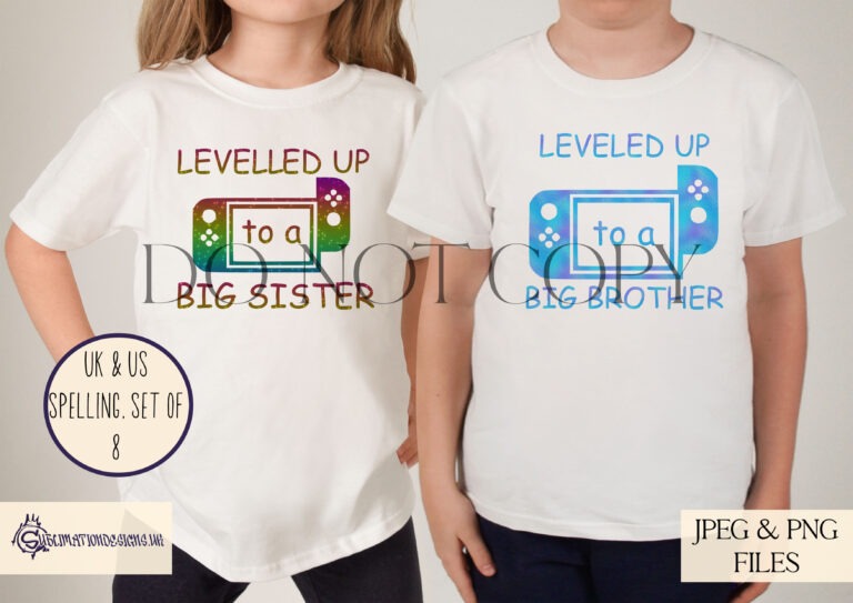 Levelled Up to Big Sister design with playful typography and celebratory motifs