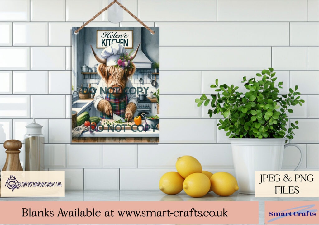 Female Highland Cow Chef preparing a meal design.