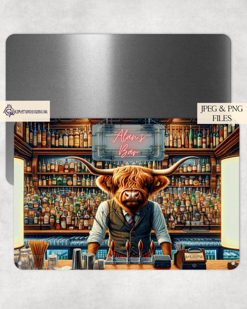 Highland Cow Bartender with customizable neon sign design