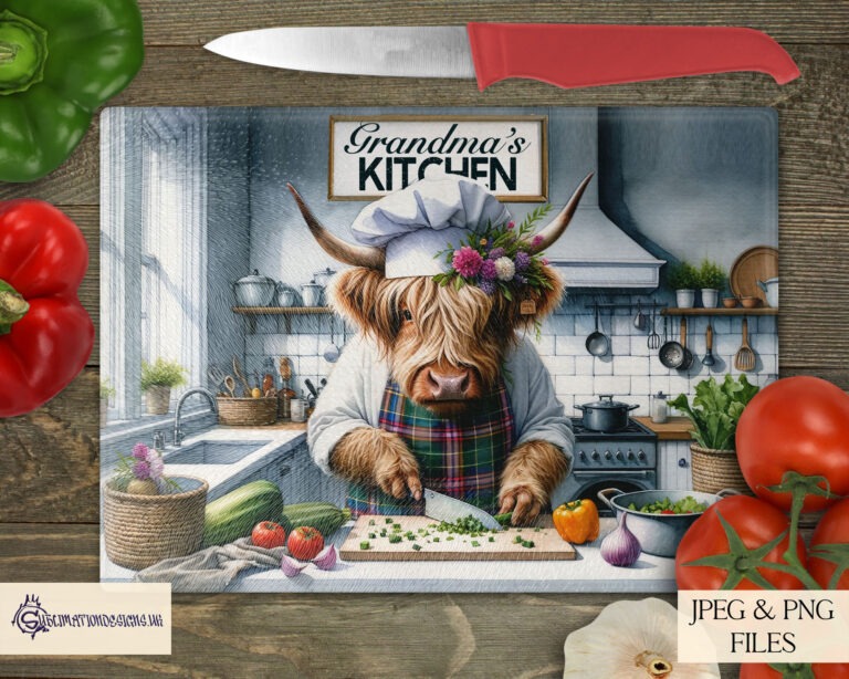 Female Highland Cow Chef preparing a meal design