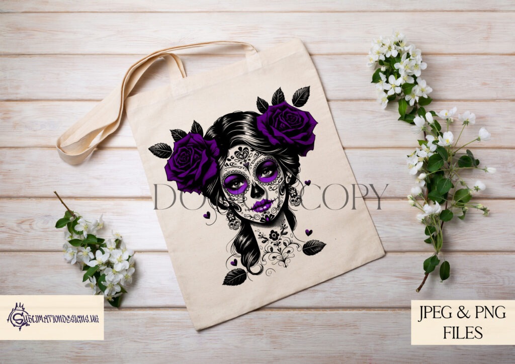 Day of the Dead Female with coloured flowers and inspirational quote design.