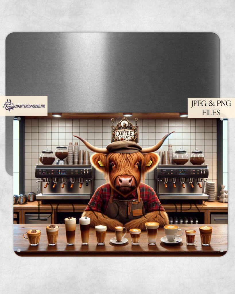 Highland Cow Barista brewing coffee design