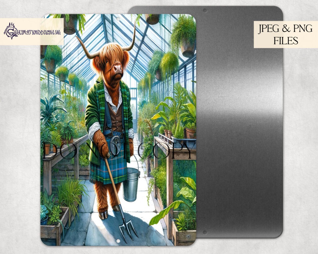 Highland cow humorously depicted in a mechanic, workshop, and gardening theme.