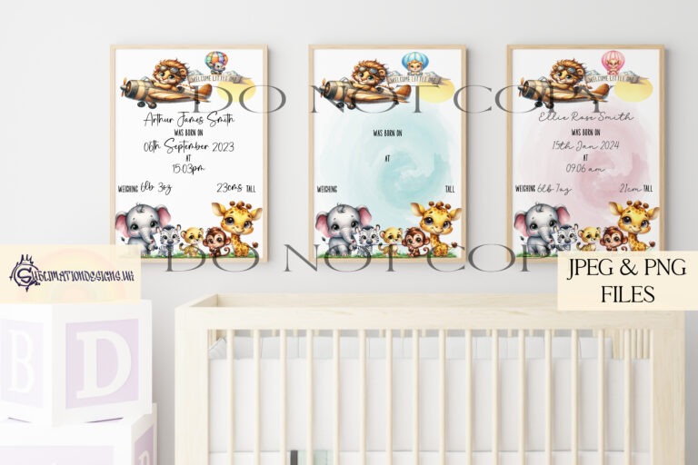 Watercolored safari animal in hot air balloon for birth announcement