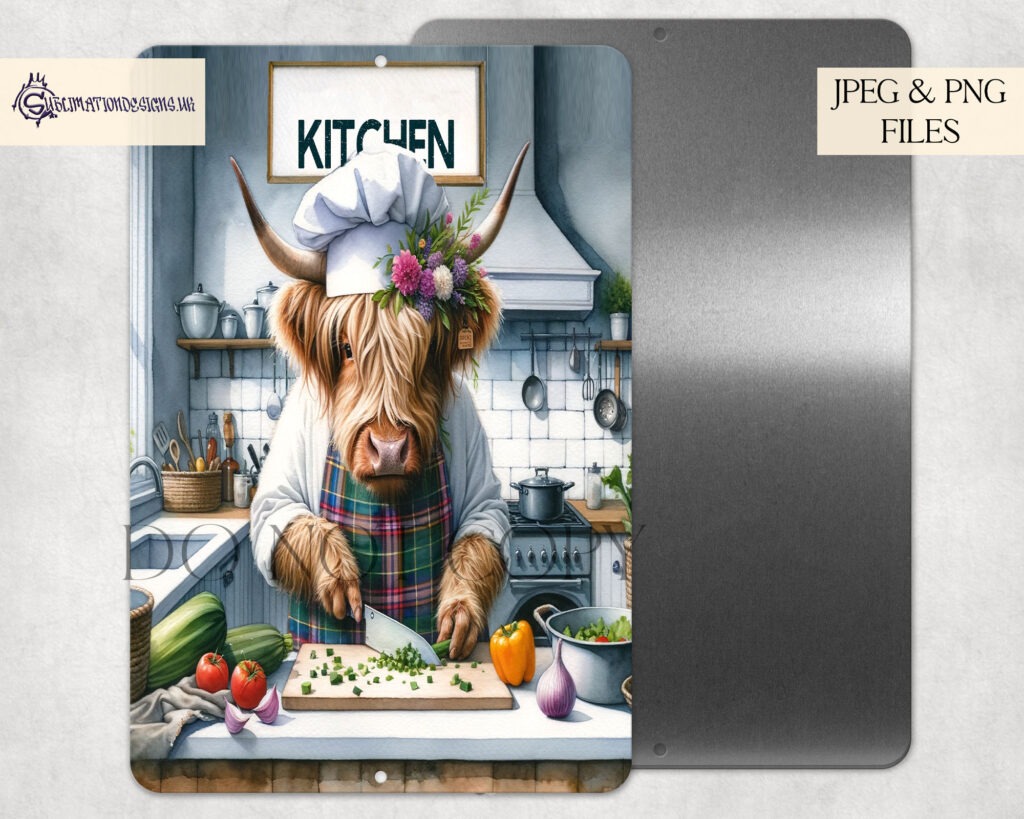 Female Highland Cow Chef preparing a meal design