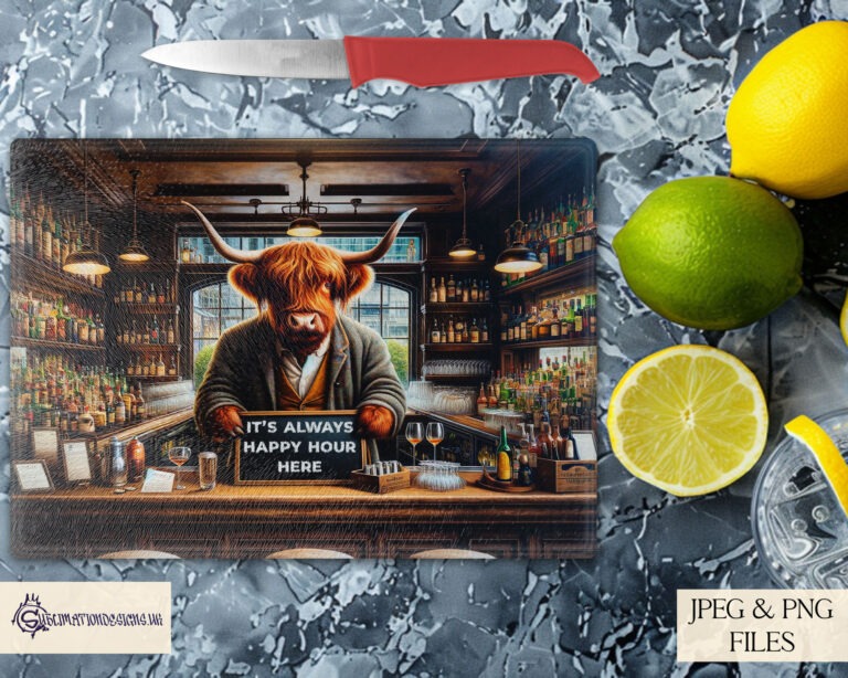 Highland Cow Bartender with customizable neon sign design