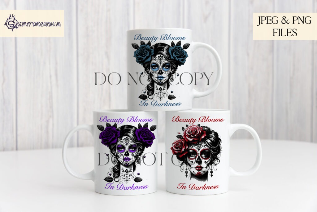 Day of the Dead Female with coloured flowers and inspirational quote design.