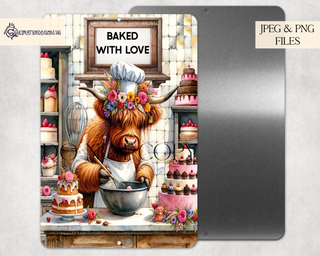 Highland Cow baking in the kitchen comedy design